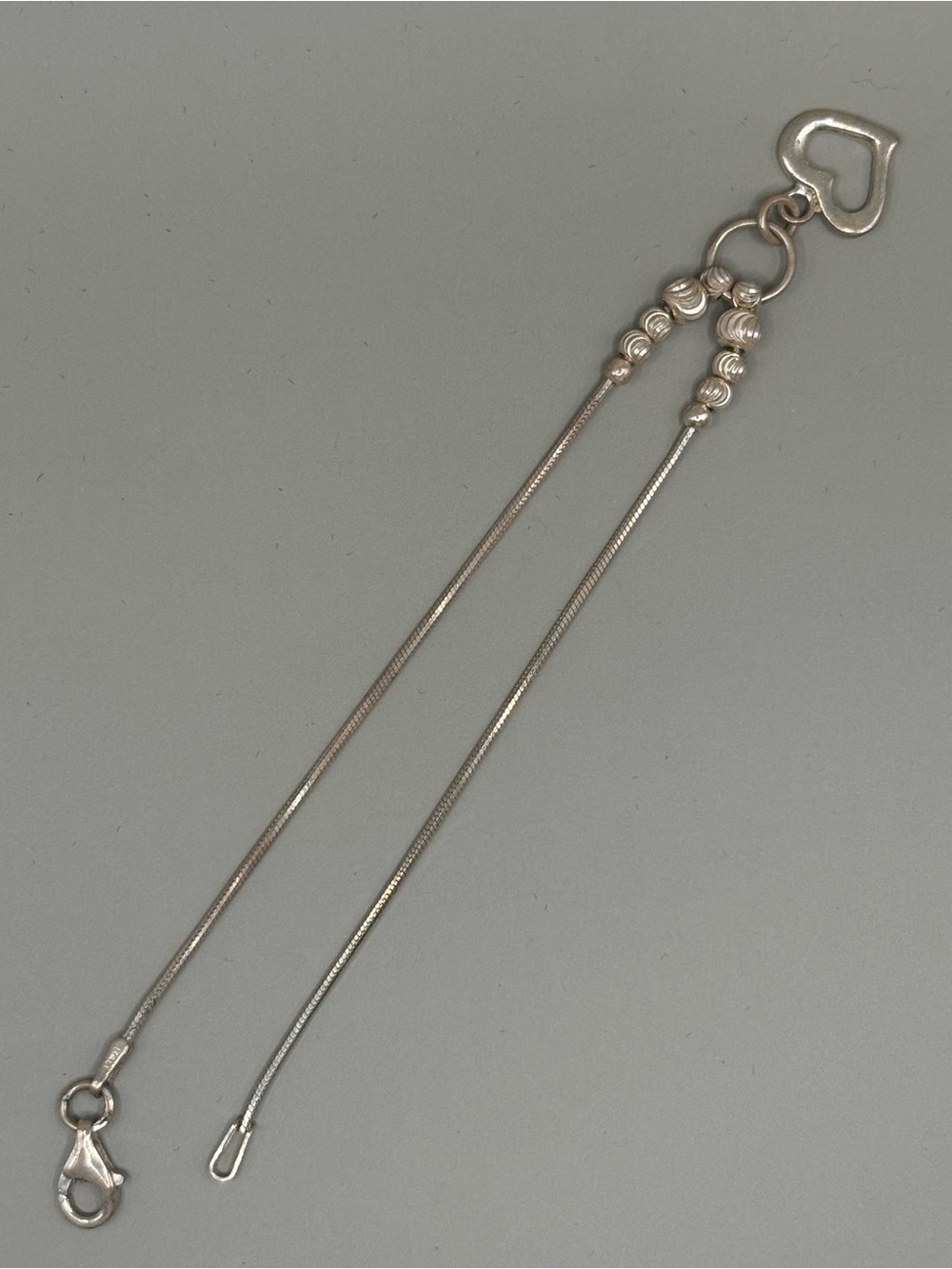 925 Sterling Silver Heart Charm Double Snake Chain Bracelet. Italian silver.